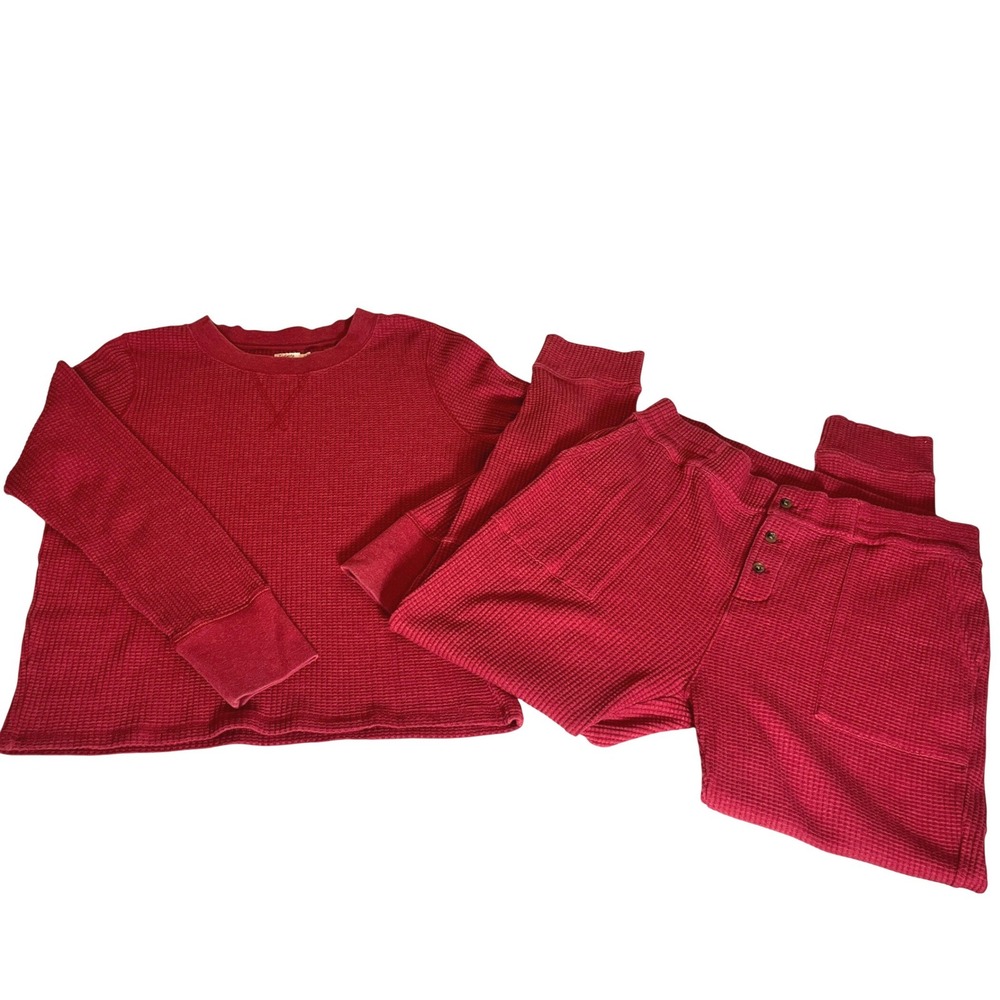 Faherty Womens XL Waffle Knit Lounge Set Burgundy Pima Cotton Top and Joggers